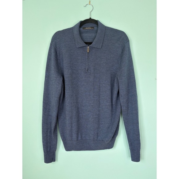 Saks Fifth Avenue Blue Quarter Zip Pullover Sweater Large Merino Wool Grandpa